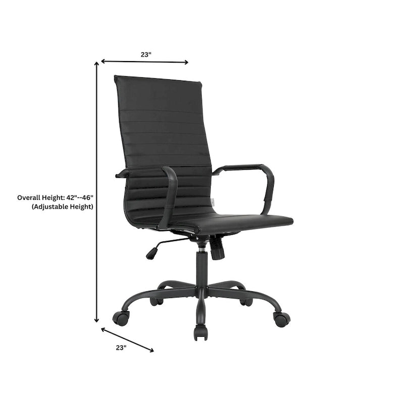 Chaise de bureau pivotante à dossier haut en cuir nervuré réglable avec piètement en métal noir