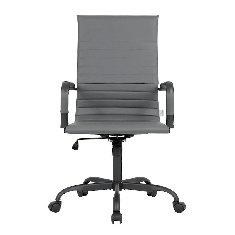 Chaise de bureau pivotante à dossier haut en cuir nervuré réglable avec piètement en métal noir