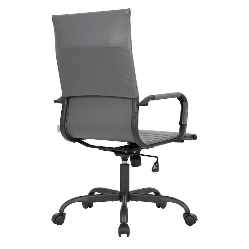 Chaise de bureau pivotante à dossier haut en cuir nervuré réglable avec piètement en métal noir