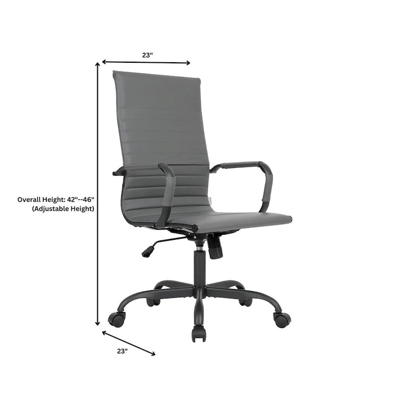 Chaise de bureau pivotante à dossier haut en cuir nervuré réglable avec piètement en métal noir