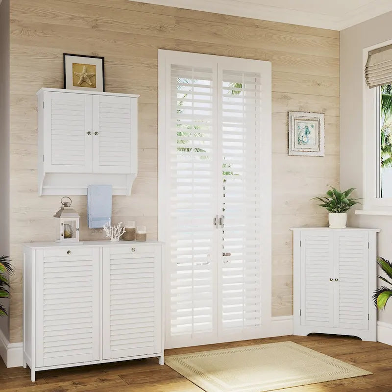 Meuble de rangement pour linge sale à double bascule avec sac de rangement en tissu amovible – Blanc