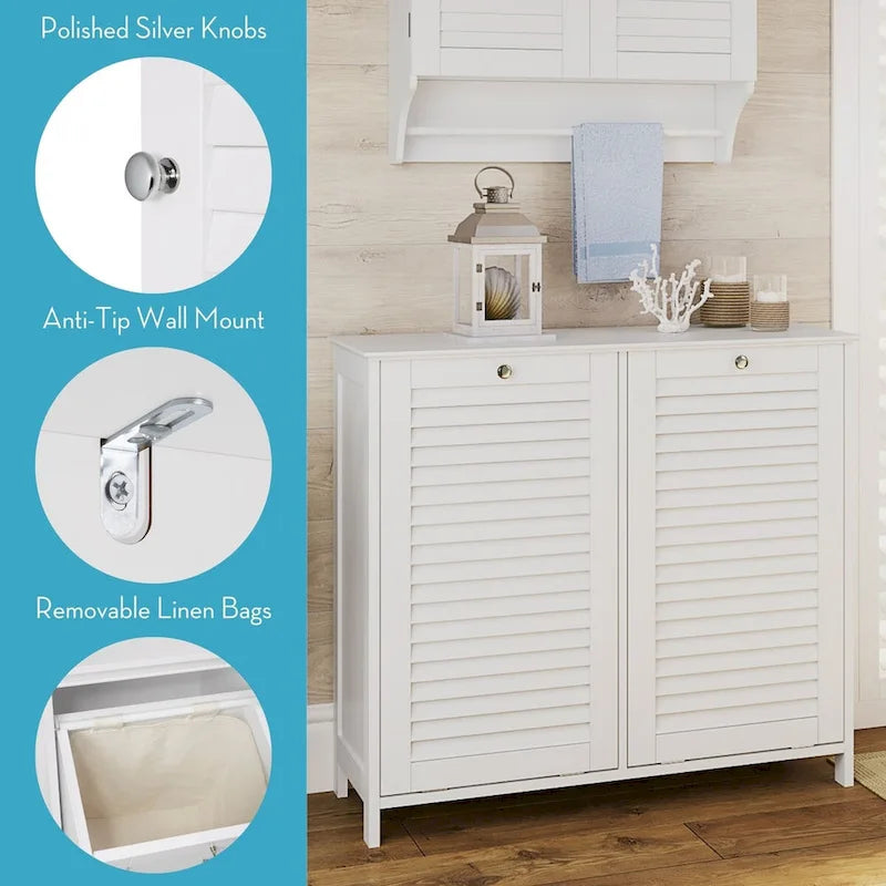 Meuble de rangement pour linge sale à double bascule avec sac de rangement en tissu amovible – Blanc
