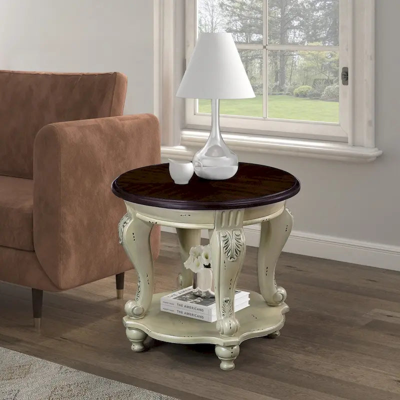 Table d'appoint ronde de 56 cm, table d'appoint de canapé en bois massif avec étagère, table de coin de salon facile à assembler