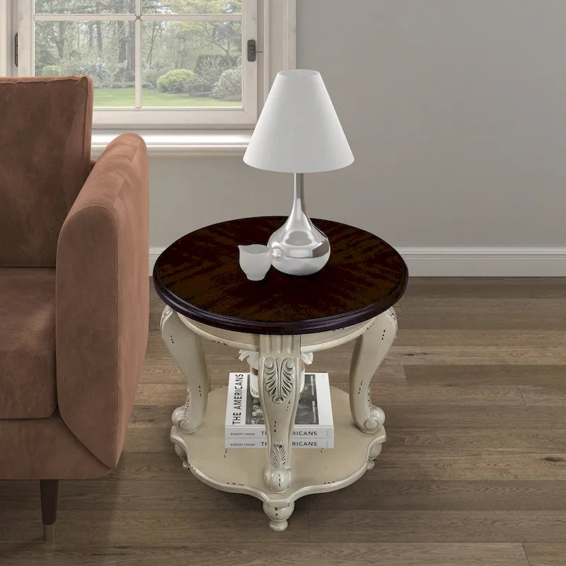 Table d'appoint ronde de 56 cm, table d'appoint de canapé en bois massif avec étagère, table de coin de salon facile à assembler