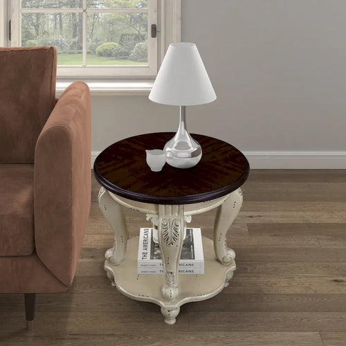 Table d'appoint ronde de 56 cm, table d'appoint de canapé en bois massif avec étagère, table de coin de salon facile à assembler