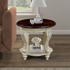 Table d'appoint ronde de 56 cm, table d'appoint de canapé en bois massif avec étagère, table de coin de salon facile à assembler