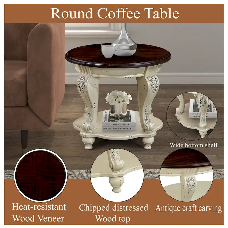 Table d'appoint ronde de 56 cm, table d'appoint de canapé en bois massif avec étagère, table de coin de salon facile à assembler