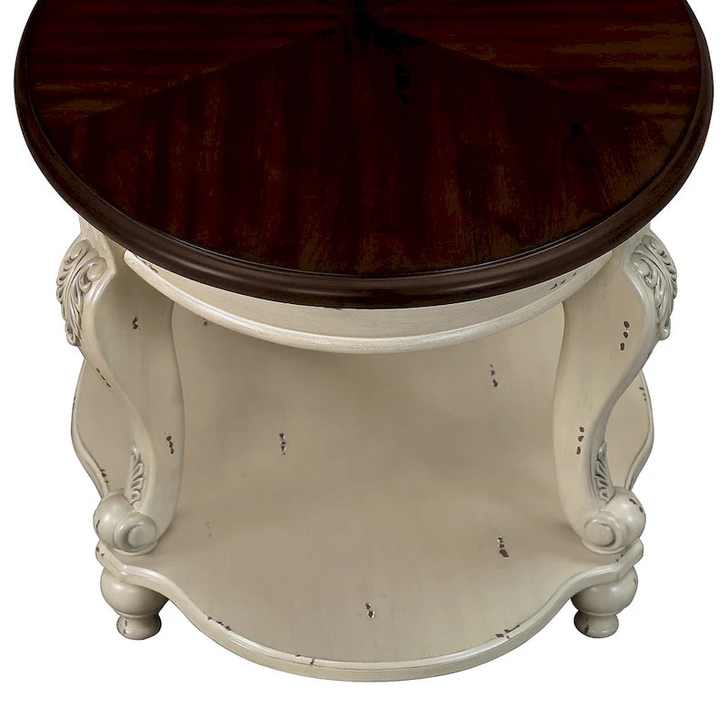 Table d'appoint ronde de 56 cm, table d'appoint de canapé en bois massif avec étagère, table de coin de salon facile à assembler