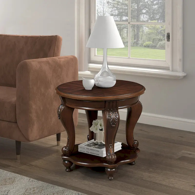 Table d'appoint ronde de 56 cm, table d'appoint de canapé en bois massif avec étagère, table de coin de salon facile à assembler