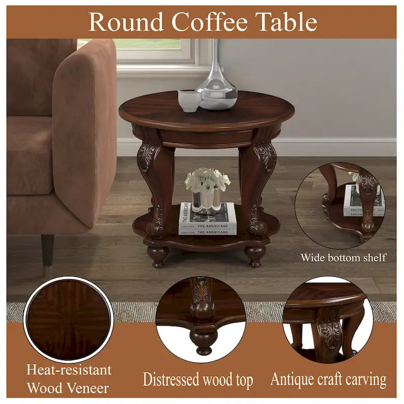 Table d'appoint ronde de 56 cm, table d'appoint de canapé en bois massif avec étagère, table de coin de salon facile à assembler