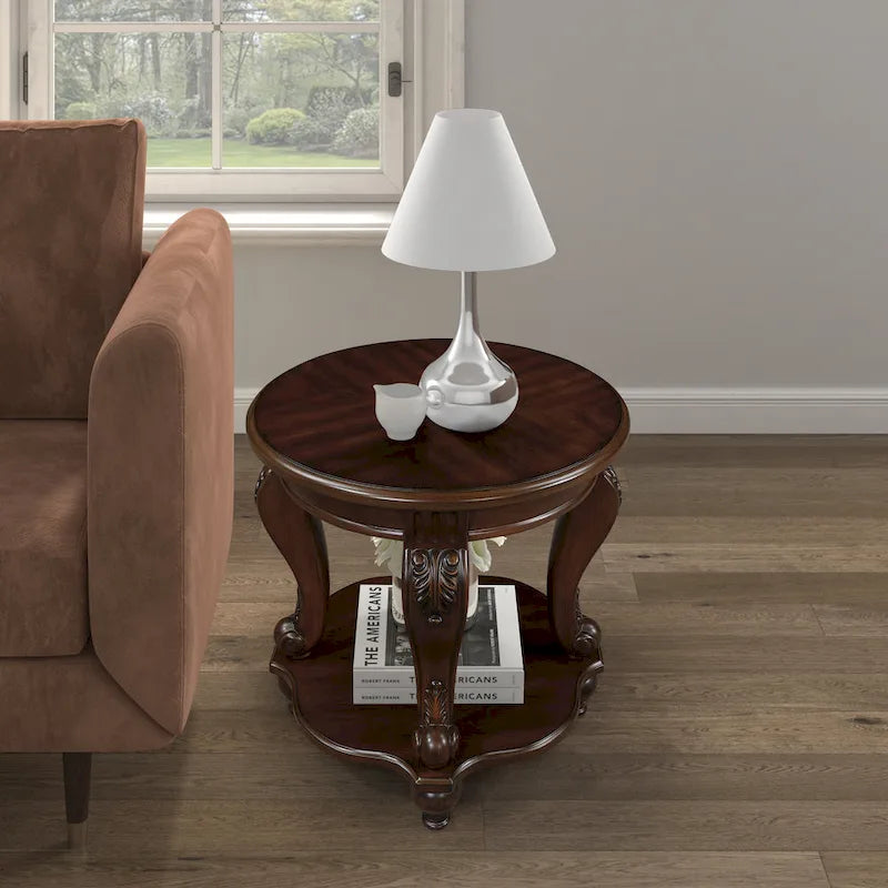 Table d'appoint ronde de 56 cm, table d'appoint de canapé en bois massif avec étagère, table de coin de salon facile à assembler